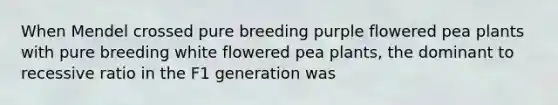 When Mendel crossed pure breeding purple flowered pea plants with pure breeding white flowered pea plants, the dominant to recessive ratio in the F1 generation was