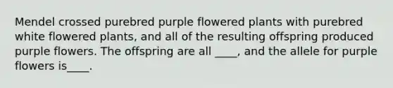 Mendel crossed purebred purple flowered plants with purebred white flowered plants, and all of the resulting offspring produced purple flowers. The offspring are all ____, and the allele for purple flowers is____.