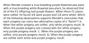 When Mendel crossed a true-breeding purple-flowered pea plant with a true-breeding white-flowered pea plant, he observed that all of the F1 offspring had purple flowers. When these F1 plants were selfed, he found 3/4 were purple and 1/4 were white. Which of the following observations supports Mendel's conclusion that each progeny can carry two alternative copies of a "factor"? A. When the white progeny are selfed, only white progeny result. B. When the purple progeny are crossed with the white progeny, only purple progeny result. C. When the purple progeny are selfed, only purple progeny result. D. When the purple progeny are selfed, both white and purple progeny result.