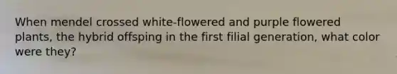 When mendel crossed white-flowered and purple flowered plants, the hybrid offsping in the first filial generation, what color were they?