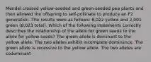 Mendel crossed yellow-seeded and green-seeded pea plants and then allowed the offspring to self-pollinate to produce an F2 generation. The results were as follows: 6,022 yellow and 2,001 green (8,023 total). Which of the following statements correctly describes the relationship of the allele for green seeds to the allele for yellow seeds? The green allele is dominant to the yellow allele. The two alleles exhibit incomplete dominance. The green allele is recessive to the yellow allele. The two alleles are codominant.