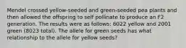 Mendel crossed yellow-seeded and green-seeded pea plants and then allowed the offspring to self pollinate to produce an F2 generation. The results were as follows: 6022 yellow and 2001 green (8023 total). The allele for green seeds has what relationship to the allele for yellow seeds?