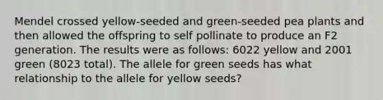 Mendel crossed yellow-seeded and green-seeded pea plants and then allowed the offspring to self pollinate to produce an F2 generation. The results were as follows: 6022 yellow and 2001 green (8023 total). The allele for green seeds has what relationship to the allele for yellow seeds?