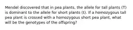 Mendel discovered that in pea plants, the allele for tall plants (T) is dominant to the allele for short plants (t). If a homozygous tall pea plant is crossed with a homozygous short pea plant, what will be the genotypes of the offspring?