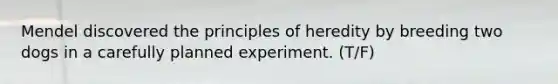 Mendel discovered the principles of heredity by breeding two dogs in a carefully planned experiment. (T/F)