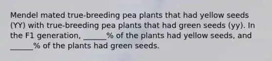 Mendel mated true-breeding pea plants that had yellow seeds (YY) with true-breeding pea plants that had green seeds (yy). In the F1 generation, ______% of the plants had yellow seeds, and ______% of the plants had green seeds.