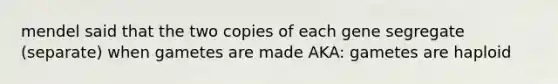 mendel said that the two copies of each gene segregate (separate) when gametes are made AKA: gametes are haploid