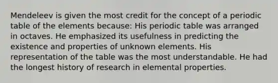 Mendeleev is given the most credit for the concept of a periodic table of the elements because: His periodic table was arranged in octaves. He emphasized its usefulness in predicting the existence and properties of unknown elements. His representation of the table was the most understandable. He had the longest history of research in elemental properties.