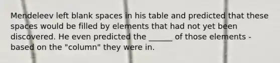 Mendeleev left blank spaces in his table and predicted that these spaces would be filled by elements that had not yet been discovered. He even predicted the ______ of those elements - based on the "column" they were in.