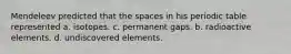 Mendeleev predicted that the spaces in his periodic table represented a. isotopes. c. permanent gaps. b. radioactive elements. d. undiscovered elements.