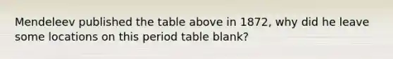 Mendeleev published the table above in 1872, why did he leave some locations on this period table blank?