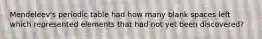 Mendeleev's periodic table had how many blank spaces left which represented elements that had not yet been discovered?