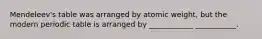 Mendeleev's table was arranged by atomic weight, but the modern periodic table is arranged by ____________ ___________.