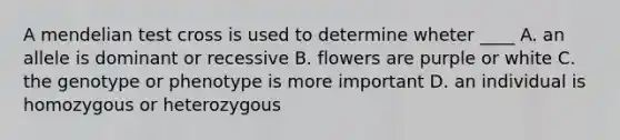 A mendelian test cross is used to determine wheter ____ A. an allele is dominant or recessive B. flowers are purple or white C. the genotype or phenotype is more important D. an individual is homozygous or heterozygous