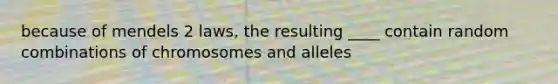 because of mendels 2 laws, the resulting ____ contain random combinations of chromosomes and alleles