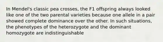 In Mendel's classic pea crosses, the F1 offspring always looked like one of the two parental varieties because one allele in a pair showed complete dominance over the other. In such situations, the phenotypes of the heterozygote and the dominant homozygote are indistinguishable