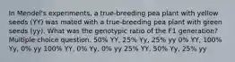 In Mendel's experiments, a true-breeding pea plant with yellow seeds (YY) was mated with a true-breeding pea plant with green seeds (yy). What was the genotypic ratio of the F1 generation? Multiple choice question. 50% YY, 25% Yy, 25% yy 0% YY, 100% Yy, 0% yy 100% YY, 0% Yy, 0% yy 25% YY, 50% Yy, 25% yy