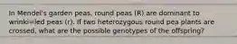 In Mendel's garden peas, round peas (R) are dominant to wrinki=led peas (r). If two heterozygous round pea plants are crossed, what are the possible genotypes of the offspring?