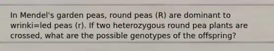 In Mendel's garden peas, round peas (R) are dominant to wrinki=led peas (r). If two heterozygous round pea plants are crossed, what are the possible genotypes of the offspring?