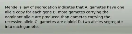 Mendel's law of segregation indicates that A. gametes have one allele copy for each gene B. more gametes carrying the dominant allele are produced than gametes carrying the recessive allele C. gametes are diploid D. two alleles segregate into each gamete.