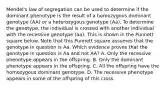 Mendel's law of segregation can be used to determine if the dominant phenotype is the result of a homozygous dominant genotype (AA) or a heterozygous genotype (Aa). To determine the genotype, the individual is crossed with another individual with the recessive genotype (aa). This is shown in the Punnett square below. Note that this Punnett square assumes that the genotype in question is Aa. Which evidence proves that the genotype in question is Aa and not AA? A. Only the recessive phenotype appears in the offspring. B. Only the dominant phenotype appears in the offspring. C. All the offspring have the homozygous dominant genotype. D. The recessive phenotype appears in some of the offspring of this cross.