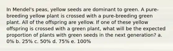 In Mendel's peas, yellow seeds are dominant to green. A pure-breeding yellow plant is crossed with a pure-breeding green plant. All of the offspring are yellow. If one of these yellow offspring is crossed with a green plant, what will be the expected proportion of plants with green seeds in the next generation? a. 0% b. 25% c. 50% d. 75% e. 100%