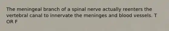 The meningeal branch of a spinal nerve actually reenters the vertebral canal to innervate the meninges and blood vessels. T OR F