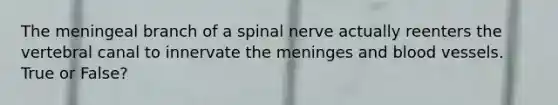 The meningeal branch of a spinal nerve actually reenters the vertebral canal to innervate the meninges and blood vessels. True or False?