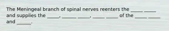 The Meningeal branch of spinal nerves reenters the _____ _____ and supplies the _____, ______ _____, _____ _____ of the _____ _____ and ______.