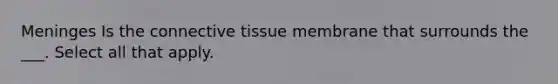 Meninges Is the connective tissue membrane that surrounds the ___. Select all that apply.