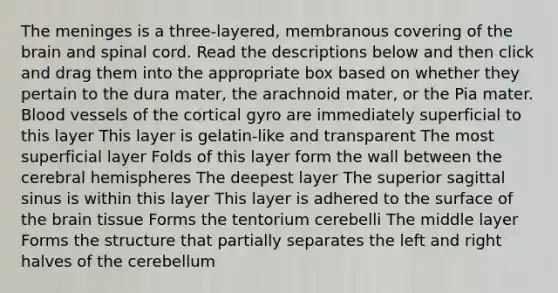 The meninges is a three-layered, membranous covering of the brain and spinal cord. Read the descriptions below and then click and drag them into the appropriate box based on whether they pertain to the dura mater, the arachnoid mater, or the Pia mater. Blood vessels of the cortical gyro are immediately superficial to this layer This layer is gelatin-like and transparent The most superficial layer Folds of this layer form the wall between the cerebral hemispheres The deepest layer The superior sagittal sinus is within this layer This layer is adhered to the surface of the brain tissue Forms the tentorium cerebelli The middle layer Forms the structure that partially separates the left and right halves of the cerebellum