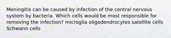 Meningitis can be caused by infection of the central nervous system by bacteria. Which cells would be most responsible for removing the infection? microglia oligodendrocytes satellite cells Schwann cells