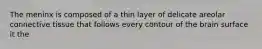 The meninx is composed of a thin layer of delicate areolar connective tissue that follows every contour of the brain surface it the