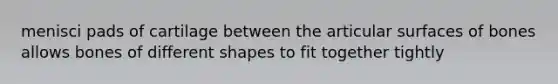 menisci pads of cartilage between the articular surfaces of bones allows bones of different shapes to fit together tightly