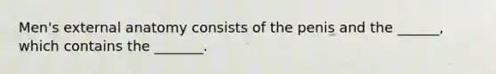 Men's external anatomy consists of the penis and the ______, which contains the _______.