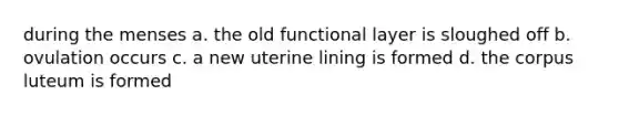 during the menses a. the old functional layer is sloughed off b. ovulation occurs c. a new uterine lining is formed d. the corpus luteum is formed