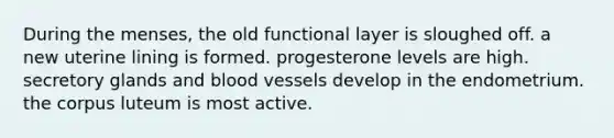 During the menses, the old functional layer is sloughed off. a new uterine lining is formed. progesterone levels are high. secretory glands and blood vessels develop in the endometrium. the corpus luteum is most active.