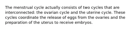 The menstrual cycle actually consists of two cycles that are interconnected: the ovarian cycle and the uterine cycle. These cycles coordinate the release of eggs from the ovaries and the preparation of the uterus to receive embryos.