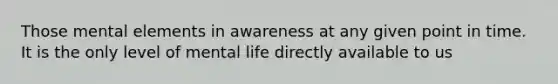 Those mental elements in awareness at any given point in time. It is the only level of mental life directly available to us