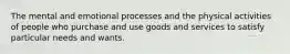 The mental and emotional processes and the physical activities of people who purchase and use goods and services to satisfy particular needs and wants.