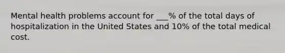 Mental health problems account for ___% of the total days of hospitalization in the United States and 10% of the total medical cost.