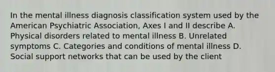 In the mental illness diagnosis classification system used by the American Psychiatric Association, Axes I and II describe A. Physical disorders related to mental illness B. Unrelated symptoms C. Categories and conditions of mental illness D. Social support networks that can be used by the client