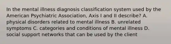 In the mental illness diagnosis classification system used by the American Psychiatric Association, Axis I and II describe? A. physical disorders related to mental illness B. unrelated symptoms C. categories and conditions of mental illness D. social support networks that can be used by the client