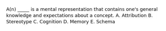 A(n) _____ is a mental representation that contains one's general knowledge and expectations about a concept. A. Attribution B. Stereotype C. Cognition D. Memory E. Schema