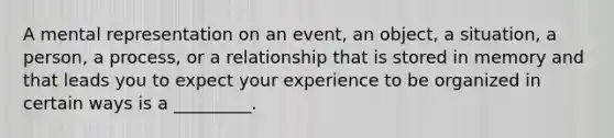 A mental representation on an event, an object, a situation, a person, a process, or a relationship that is stored in memory and that leads you to expect your experience to be organized in certain ways is a _________.