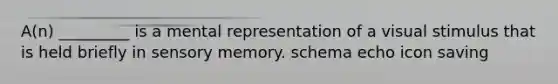 A(n) _________ is a mental representation of a visual stimulus that is held briefly in sensory memory.​ ​schema ​echo ​icon ​saving