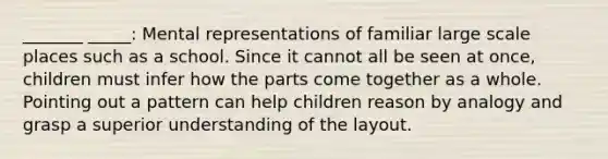 _______ _____: Mental representations of familiar large scale places such as a school. Since it cannot all be seen at once, children must infer how the parts come together as a whole. Pointing out a pattern can help children reason by analogy and grasp a superior understanding of the layout.