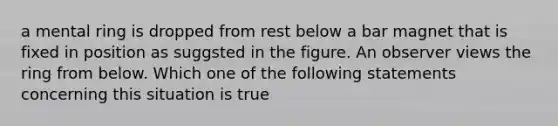 a mental ring is dropped from rest below a bar magnet that is fixed in position as suggsted in the figure. An observer views the ring from below. Which one of the following statements concerning this situation is true