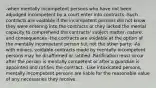 -when mentally incompetent persons who have not been adjudged incompetent by a court enter into contracts -Such contracts are voidable if the incompetent persons did not know they were entering into the contracts or they lacked the mental capacity to comprehend the contracts' subject matter, nature, and consequences -the contracts are voidable at the option of the mentally incompetent person but not the other party. -As with minors, voidable contracts made by mentally incompetent persons may be disaffirmed or ratified. Ratification must occur after the person is mentally competent or after a guardian is appointed and ratifies the contract. -Like intoxicated persons, mentally incompetent persons are liable for the reasonable value of any necessaries they receive.