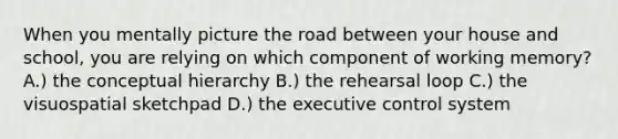 When you mentally picture the road between your house and school, you are relying on which component of working memory? A.) the conceptual hierarchy B.) the rehearsal loop C.) the visuospatial sketchpad D.) the executive control system